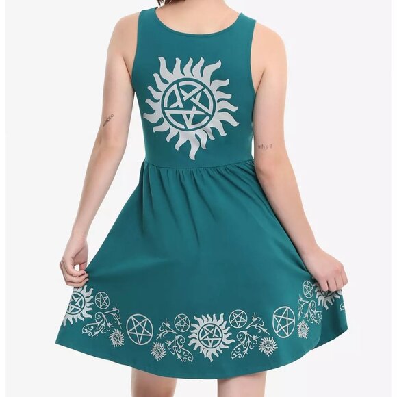 Hot Topic 'Supernatural' Mini Dress Women's Medium Gray Symbols in Teal - Picture 2 of 8